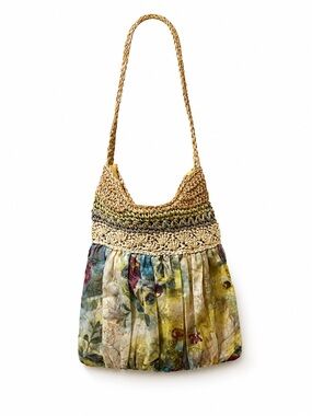 Floral Print Woven Shoulder Bag - Natural/Multicolor Boho Vintage Y2K